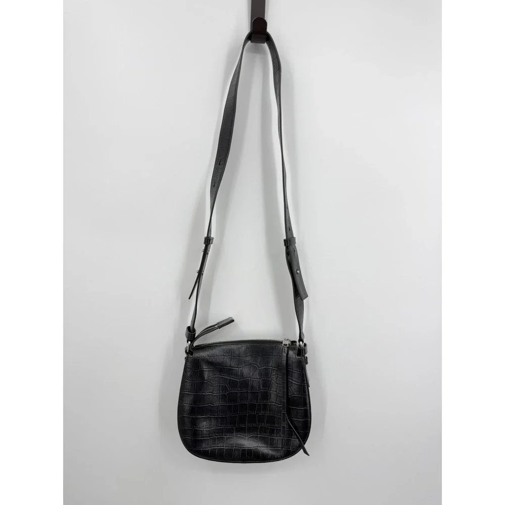 AllSaints Captain Round Crossbody Bag Women Black Croc Embossed‎ Leather WB579Z